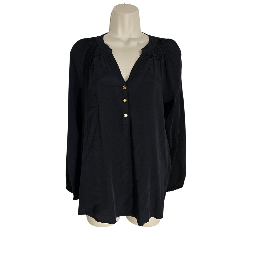 Lilly Pulitzer Womens Black 100% Silk Smocked Split Neck Blouse Style 46456 S‎